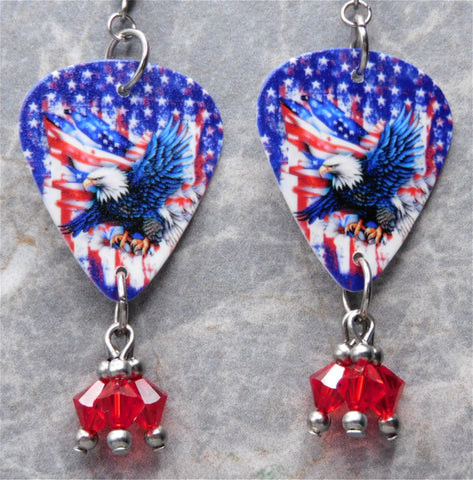 Bald Eagle with an American Flag Guitar Pick Earrings with Red Swarovski Crystal Dangles