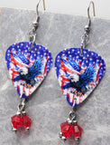 Bald Eagle with an American Flag Guitar Pick Earrings with Red Swarovski Crystal Dangles