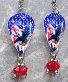 Bald Eagle with an American Flag Guitar Pick Earrings with Red Swarovski Crystal Dangles