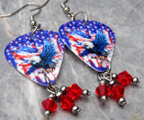 Bald Eagle with an American Flag Guitar Pick Earrings with Red Swarovski Crystal Dangles