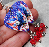 Bald Eagle with an American Flag Guitar Pick Earrings with Red Swarovski Crystal Dangles