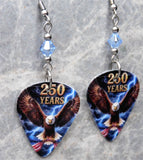 Bald Eagle with an American Flag 250 Years Guitar Pick Earrings with Blue Swarovski Crystals