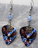 Bald Eagle with an American Flag 250 Years Guitar Pick Earrings with Blue Swarovski Crystals
