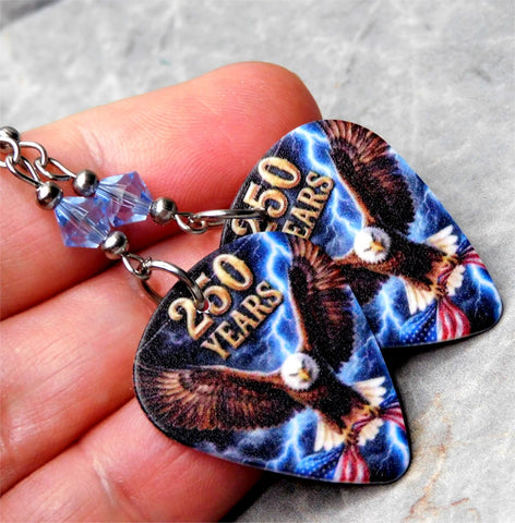 Bald Eagle with an American Flag 250 Years Guitar Pick Earrings with Blue Swarovski Crystals