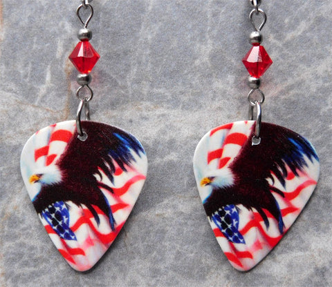 Bald Eagle and American Flag Guitar Pick Earrings with Red Swarovski Crystals