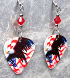 Bald Eagle and American Flag Guitar Pick Earrings with Red Swarovski Crystals