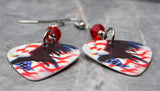 Bald Eagle and American Flag Guitar Pick Earrings with Red Swarovski Crystals