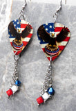 Bald Eagle in Front of an American Flag Guitar Pick Earrings with Swarovski Crystal Dangles