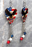 Bald Eagle in Front of an American Flag Guitar Pick Earrings with Swarovski Crystal Dangles