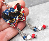 Bald Eagle in Front of an American Flag Guitar Pick Earrings with Swarovski Crystal Dangles