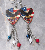 Bald Eagle in Front of an American Flag Guitar Pick Earrings with Swarovski Crystal Dangles