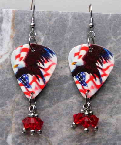 Bald Eagle and American Flag Guitar Pick Earrings with Red Swarovski Crystal Dangles