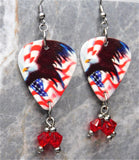 Bald Eagle and American Flag Guitar Pick Earrings with Red Swarovski Crystal Dangles