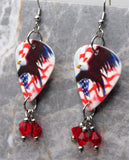 Bald Eagle and American Flag Guitar Pick Earrings with Red Swarovski Crystal Dangles