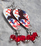 Bald Eagle and American Flag Guitar Pick Earrings with Red Swarovski Crystal Dangles