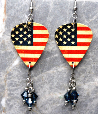 Distressed Aged American Flag Guitar Pick Earrings with Blue Swarovski Crystal Dangles