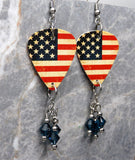 Distressed Aged American Flag Guitar Pick Earrings with Blue Swarovski Crystal Dangles