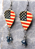 Distressed Aged American Flag Guitar Pick Earrings with Blue Swarovski Crystal Dangles
