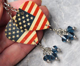 Distressed Aged American Flag Guitar Pick Earrings with Blue Swarovski Crystal Dangles
