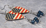 Distressed Aged American Flag Guitar Pick Earrings with Blue Swarovski Crystal Dangles