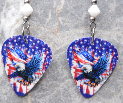 Bald Eagle with an American Flag Guitar Pick Earrings with White Swarovski Crystals
