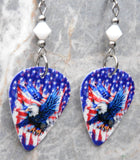Bald Eagle with an American Flag Guitar Pick Earrings with White Swarovski Crystals