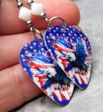 Bald Eagle with an American Flag Guitar Pick Earrings with White Swarovski Crystals