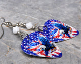 Bald Eagle with an American Flag Guitar Pick Earrings with White Swarovski Crystals