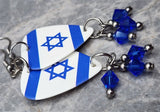 Israeli Flag Guitar Pick Earrings with Blue Swarovski Crystal Dangles