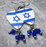 Israeli Flag Guitar Pick Earrings with Blue Swarovski Crystal Dangles