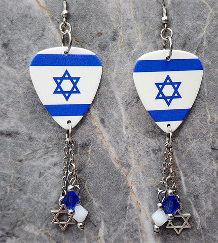 Israeli Flag Guitar Pick Earrings with Charm and Swarovski Crystal Dangles