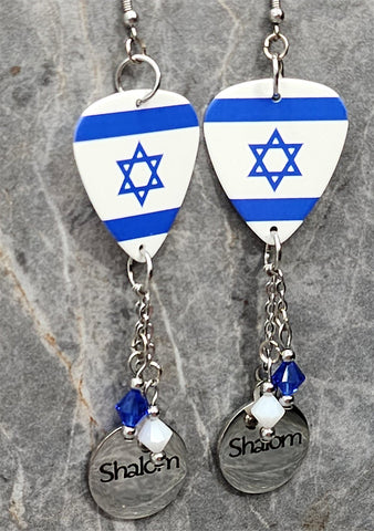 Israeli Flag Guitar Pick Earrings with Shalom Charm and Swarovski Crystal Dangles