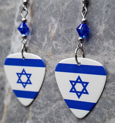 Israeli Flag Guitar Pick Earrings with Blue Swarovski Crystals