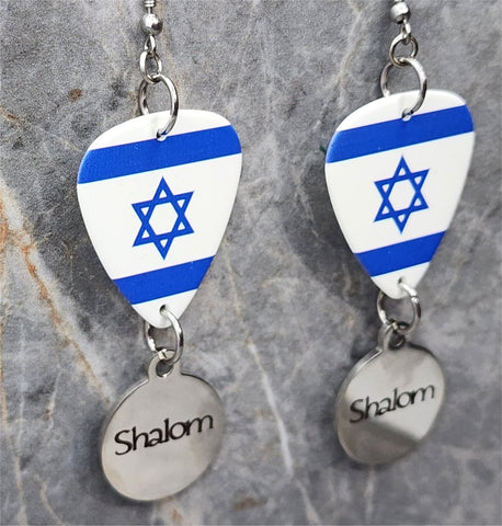 Israeli Flag Guitar Pick Earrings with Stainless Steel Shalom Charm Dangles