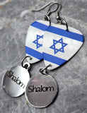 Israeli Flag Guitar Pick Earrings with Stainless Steel Shalom Charm Dangles