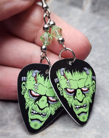 Classic Movie Monsters Frankenstein's Monster Guitar Pick Earrings with Green Swarovski Crystals