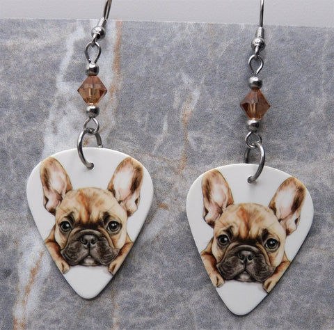 French Bulldog Guitar Pick Earrings with Brown Swarovski Crystals