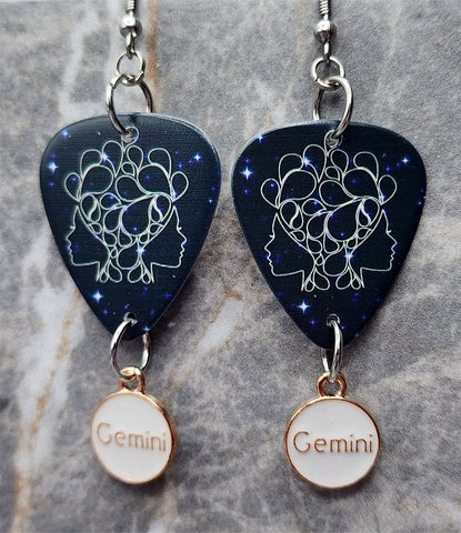 Horoscope Astrological Sign Gemini Guitar Pick Earrings with Gemini Charm Dangles
