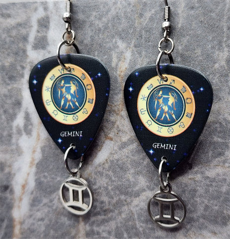 Horoscope Astrological Sign Gemini Guitar Pick Earrings with Laser Cut Horoscope Charms