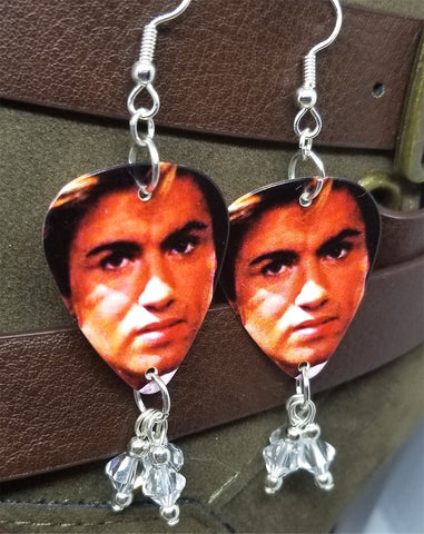 George Michael WHAM Guitar Pick Earrings with Clear Swarovski Crystal Dangles