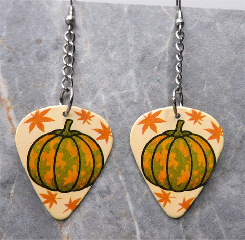 Autumn Pumpkin Scene Dangling Guitar Pick Earrings