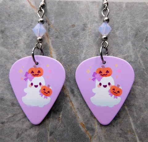 Ghost with Jack o Lanterns Guitar Pick Earrings with Lavender Opal Swarovski Crystals