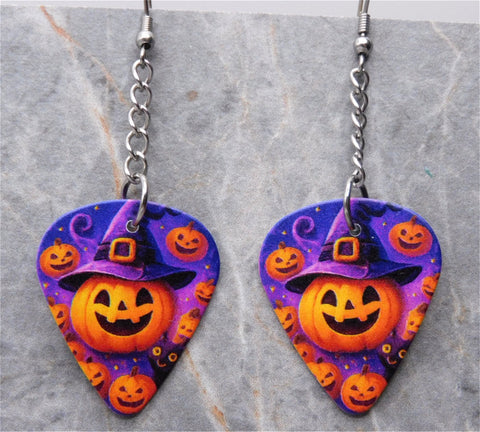 Jack o' Lantern with Witch or Wizard Hat Dangling Guitar Pick Earrings