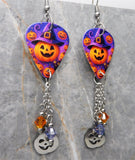 Jack o' Lantern with Witch or Wizard Hat Guitar Pick Earrings with Stainless Steel Jack o Lantern Charm and Swarovski Crystals
