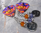 Jack o' Lantern with Witch or Wizard Hat Guitar Pick Earrings with Stainless Steel Jack o Lantern Charm and Swarovski Crystals