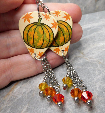 Autumn Pumpkin Scene Guitar Pick Earrings with Swarovski Crystal Dangles