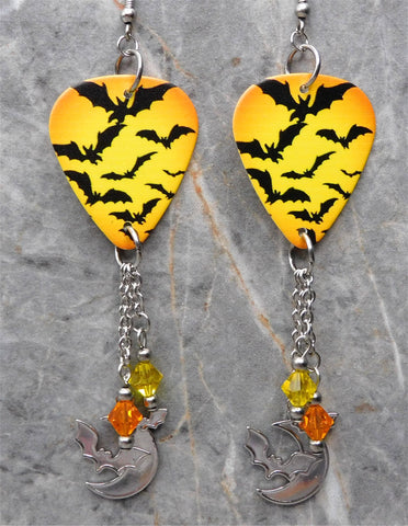 Flying Bats Guitar Pick Earrings with Stainless Steel Moon with Bat Charms and Swarovski Crystal Dangles