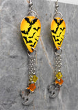 Flying Bats Guitar Pick Earrings with Stainless Steel Moon with Bat Charms and Swarovski Crystal Dangles