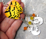 Flying Bats Guitar Pick Earrings with Stainless Steel Moon with Bat Charms and Swarovski Crystal Dangles