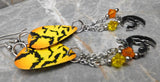 Flying Bats Guitar Pick Earrings with Stainless Steel Moon with Bat Charms and Swarovski Crystal Dangles